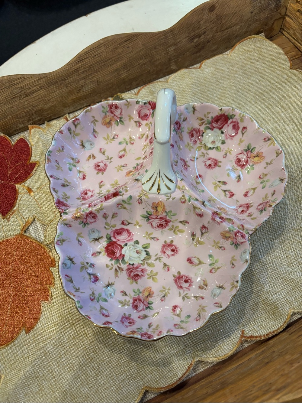 Vintage Royal Danube Pink Roses Chintz 3-Sectional Dish.
